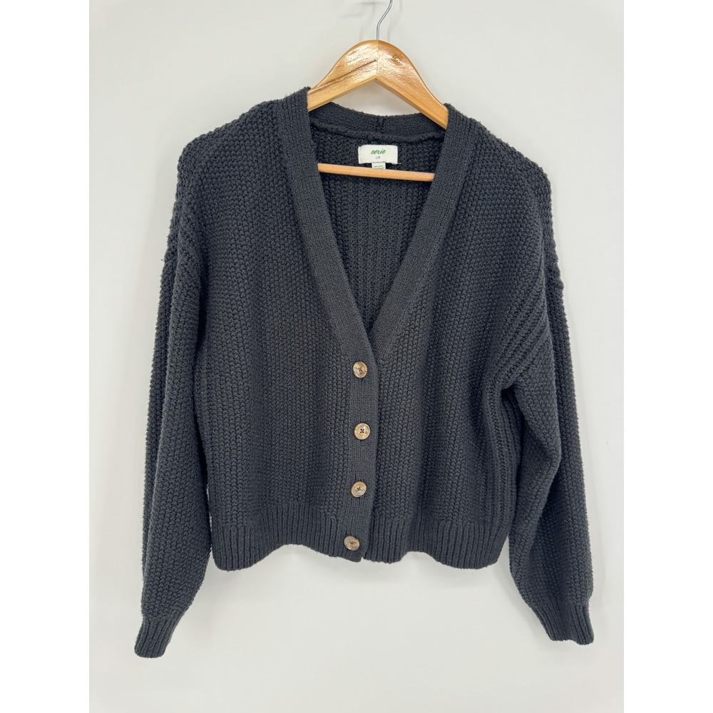 Aerie Cardigan Sweater Women S Black Chunky Knit V-Neck Button Front Cozy Cabin